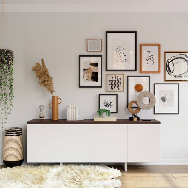 sideboard buffet table with wall art and area rug