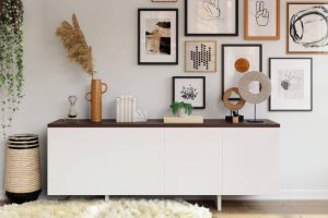 sideboard buffet table with wall art and area rug